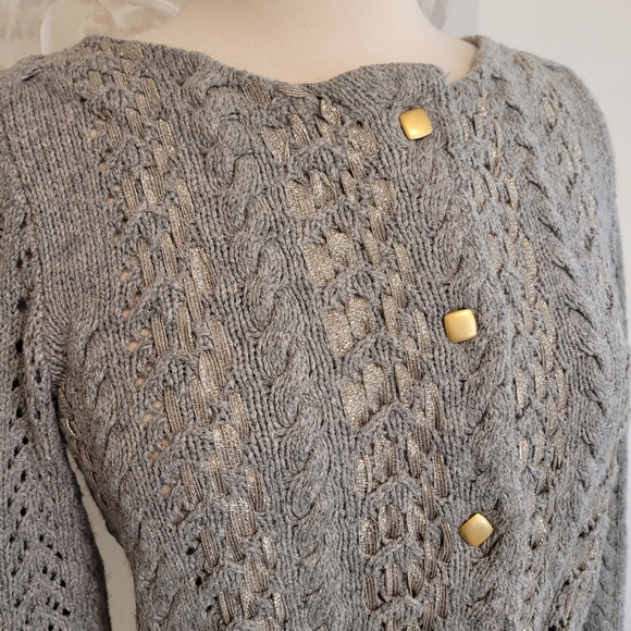 Leifsdottir Silk Wool Gray Cable Knit Sweater with Gold Accents Large - Picture 2 of 9